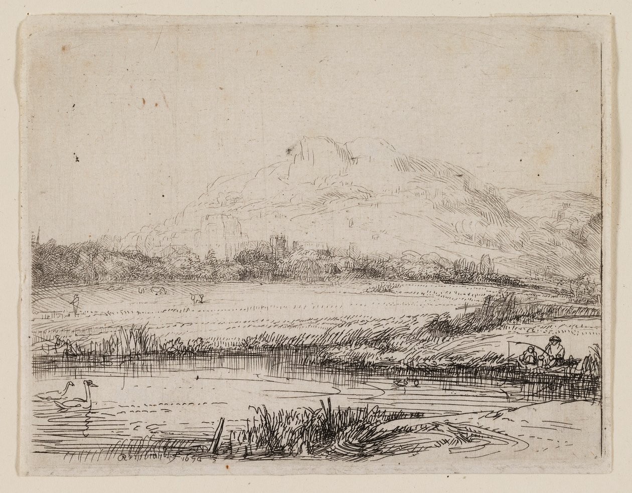 Kanaal met een visser en twee zwanen door Rembrandt van Rijn