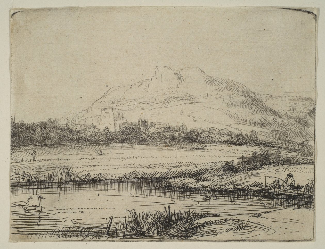 Kanaal met een visser en twee zwanen, 1650 door Rembrandt van Rijn