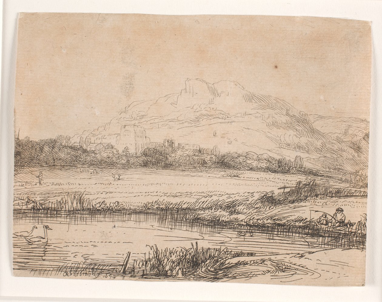 Kanaal met een visser en twee zwanen door Rembrandt van Rijn