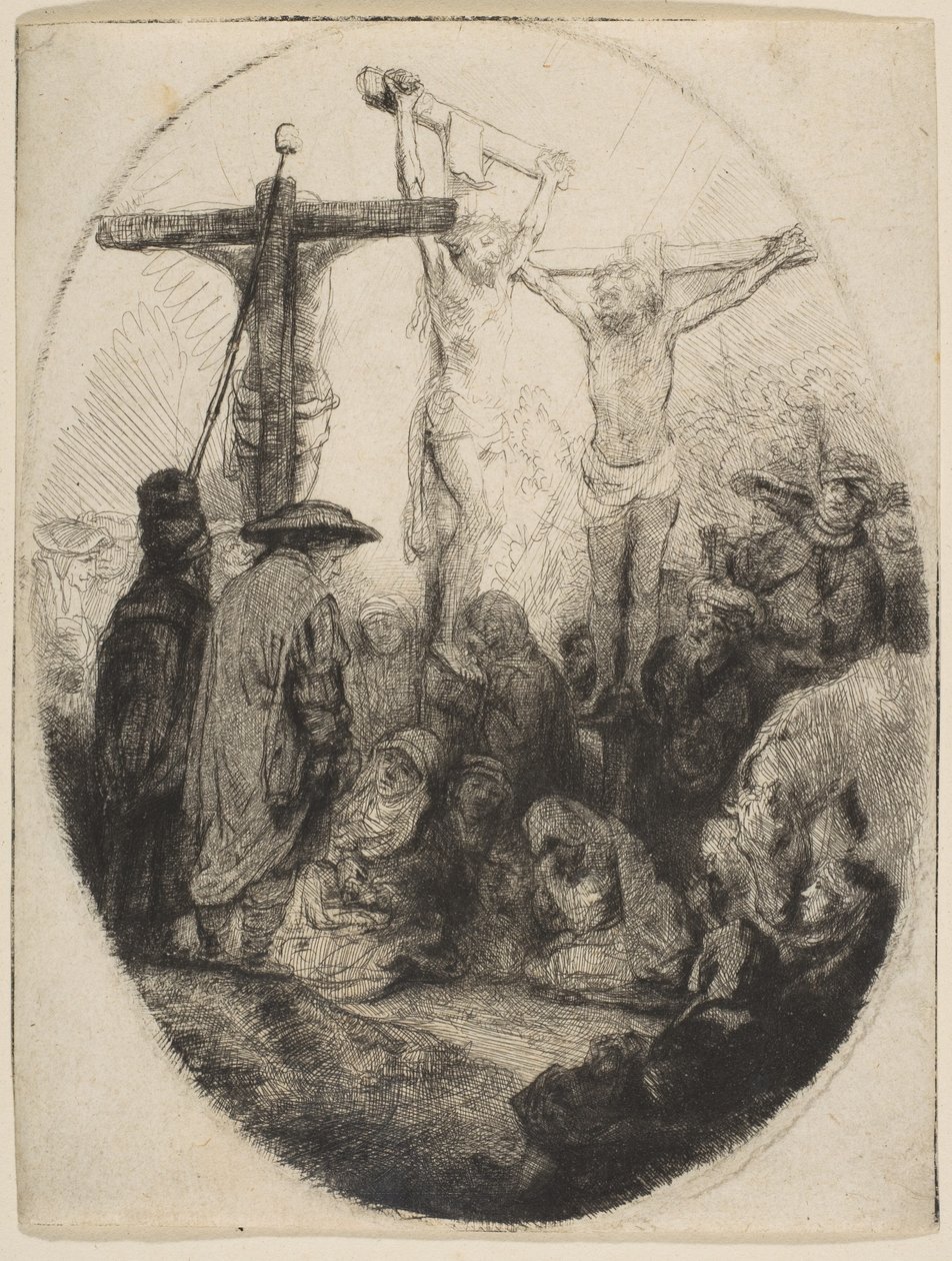 Christus Gekruisigd Tussen Twee Dieven, ovale plaat, ca. 1641 door Rembrandt van Rijn