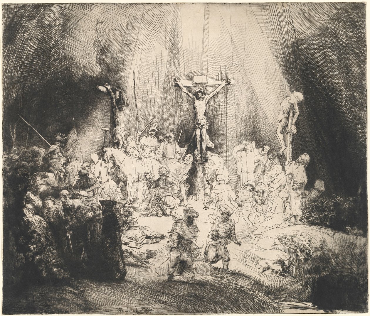 De gekruisigde Christus tussen de twee dieven (De drie kruisen) door Rembrandt van Rijn