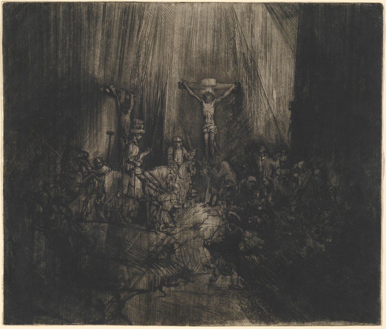 De gekruisigde Christus tussen de twee dieven (De drie kruisen) door Rembrandt van Rijn