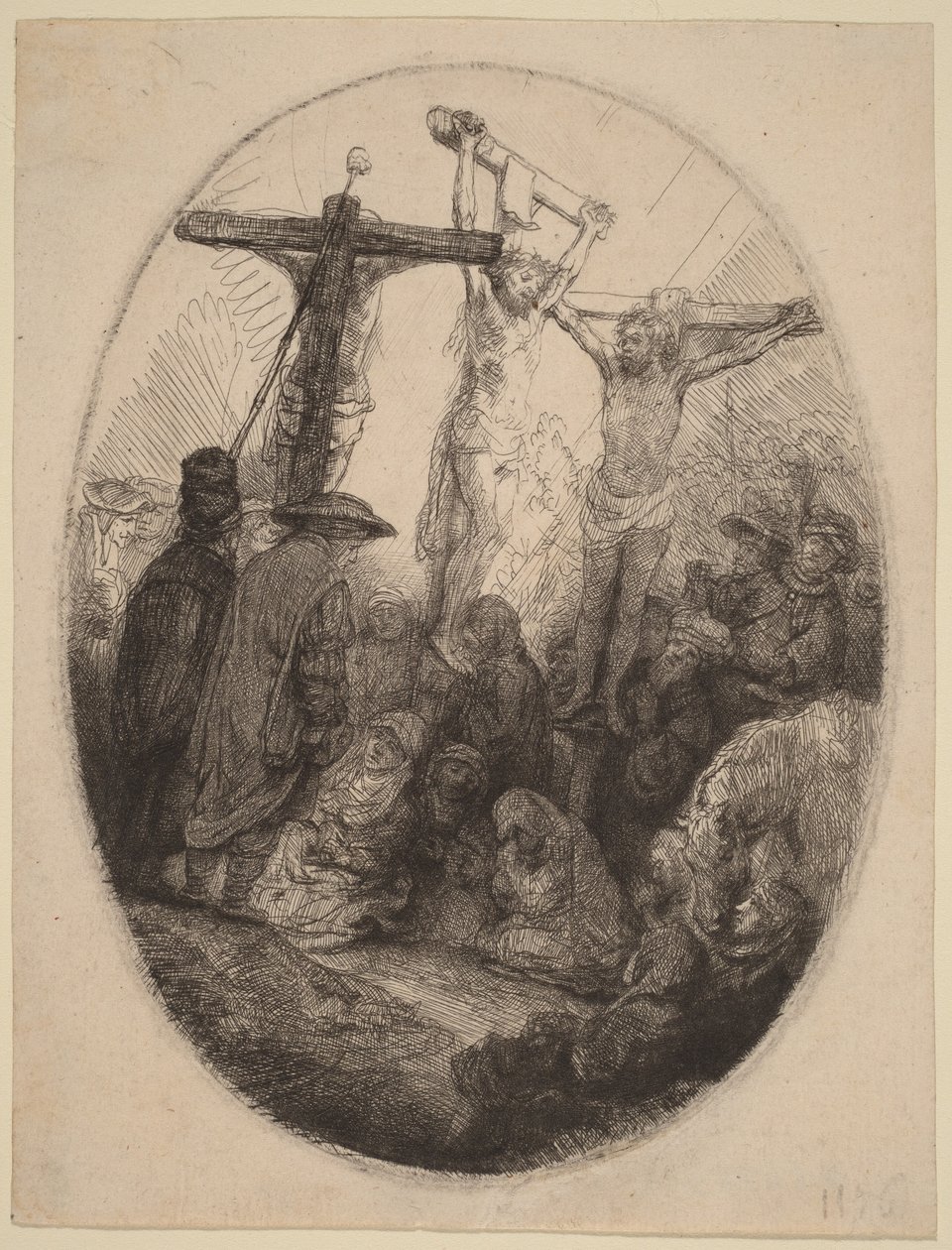 De gekruisigde Christus tussen de twee dieven: een ovaal bord door Rembrandt van Rijn