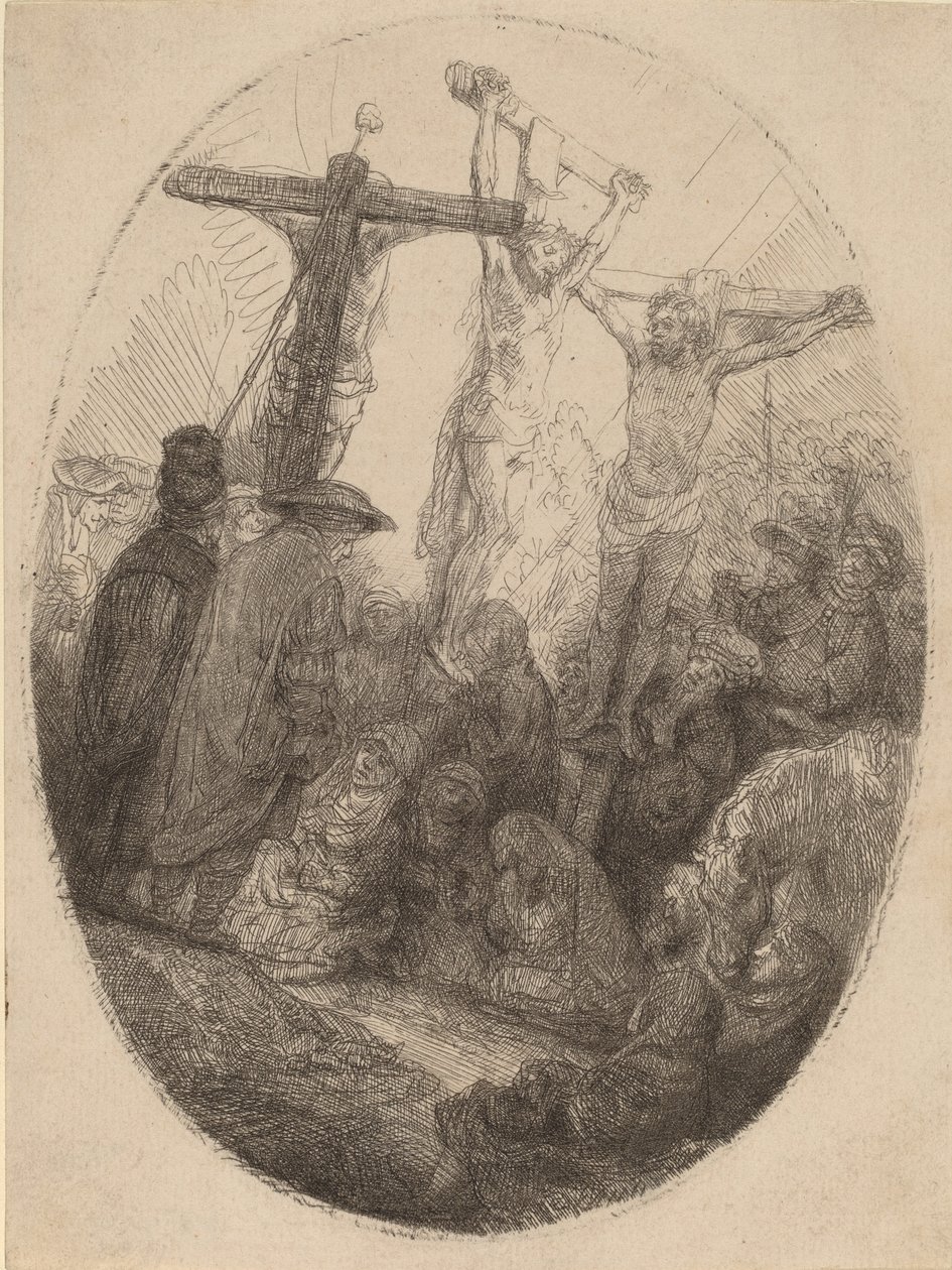 Christus gekruisigd tussen de twee dieven: een ovaal bord, ca. 1641 door Rembrandt van Rijn