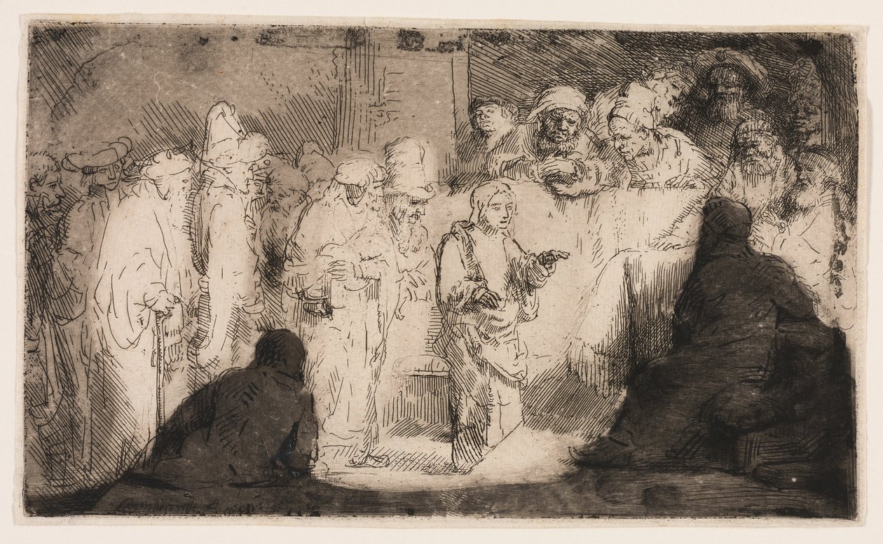 Christus in Gesprek met de Dokters: Een Schets door Rembrandt van Rijn