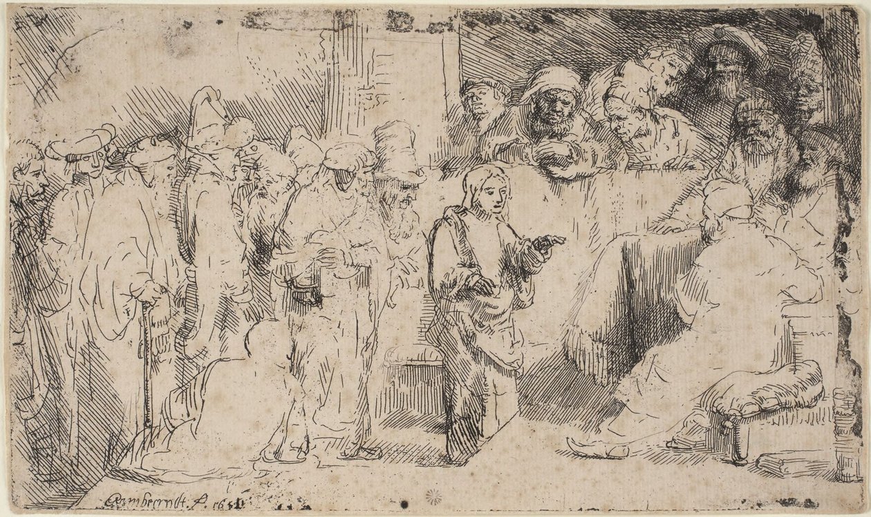 Christus in discussie met de schriftgeleerden: een schets door Rembrandt van Rijn