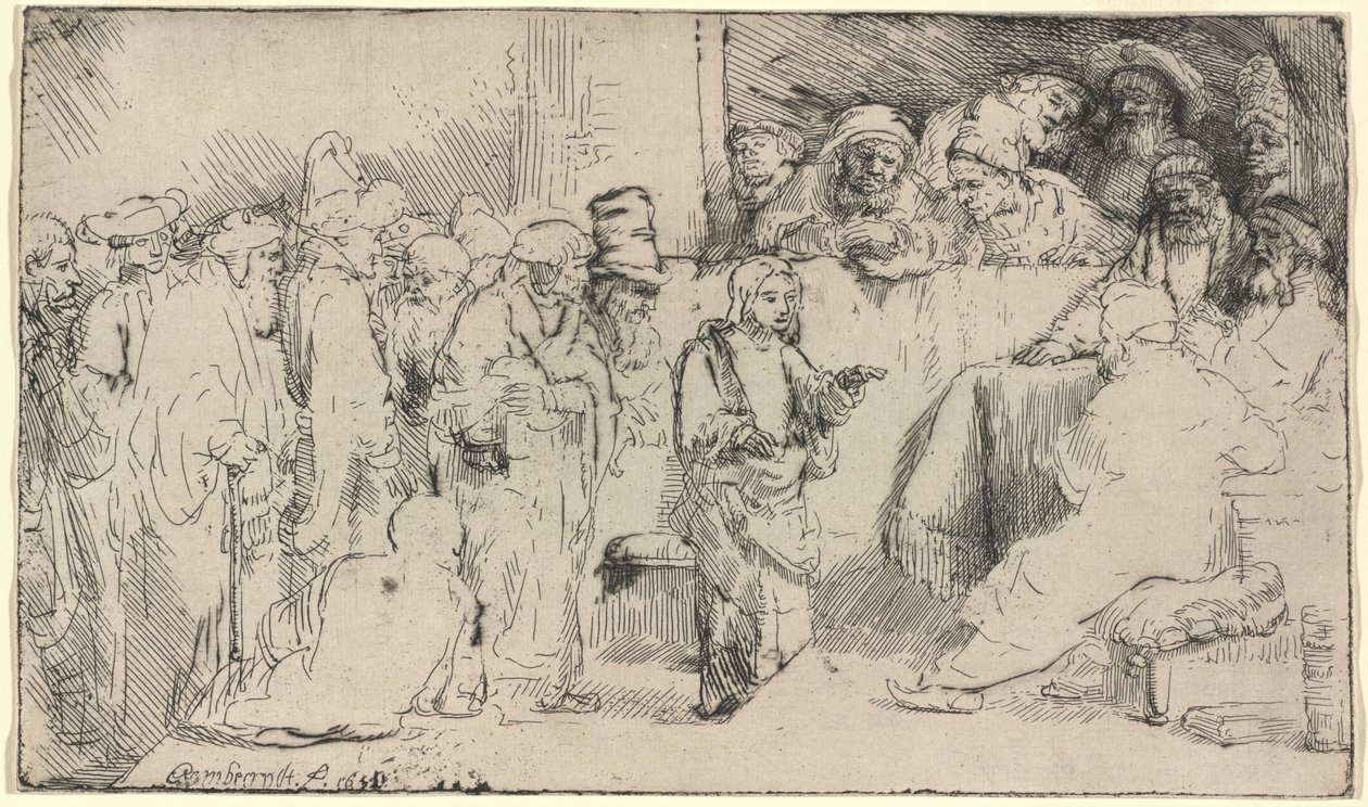 Christus in discussie met de schriftgeleerden: een schets door Rembrandt van Rijn