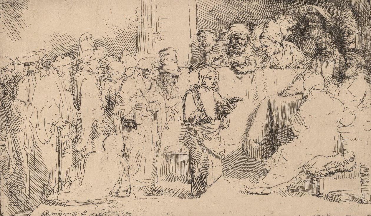 Christus in Gesprek met de Dokters: een Schets door Rembrandt van Rijn