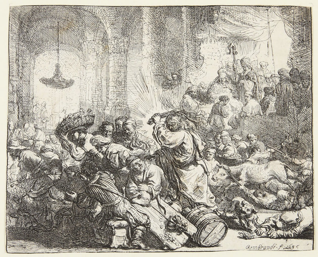 Christus verdrijft de geldwisselaars (B.69; BB. 35-Bii) door Rembrandt van Rijn