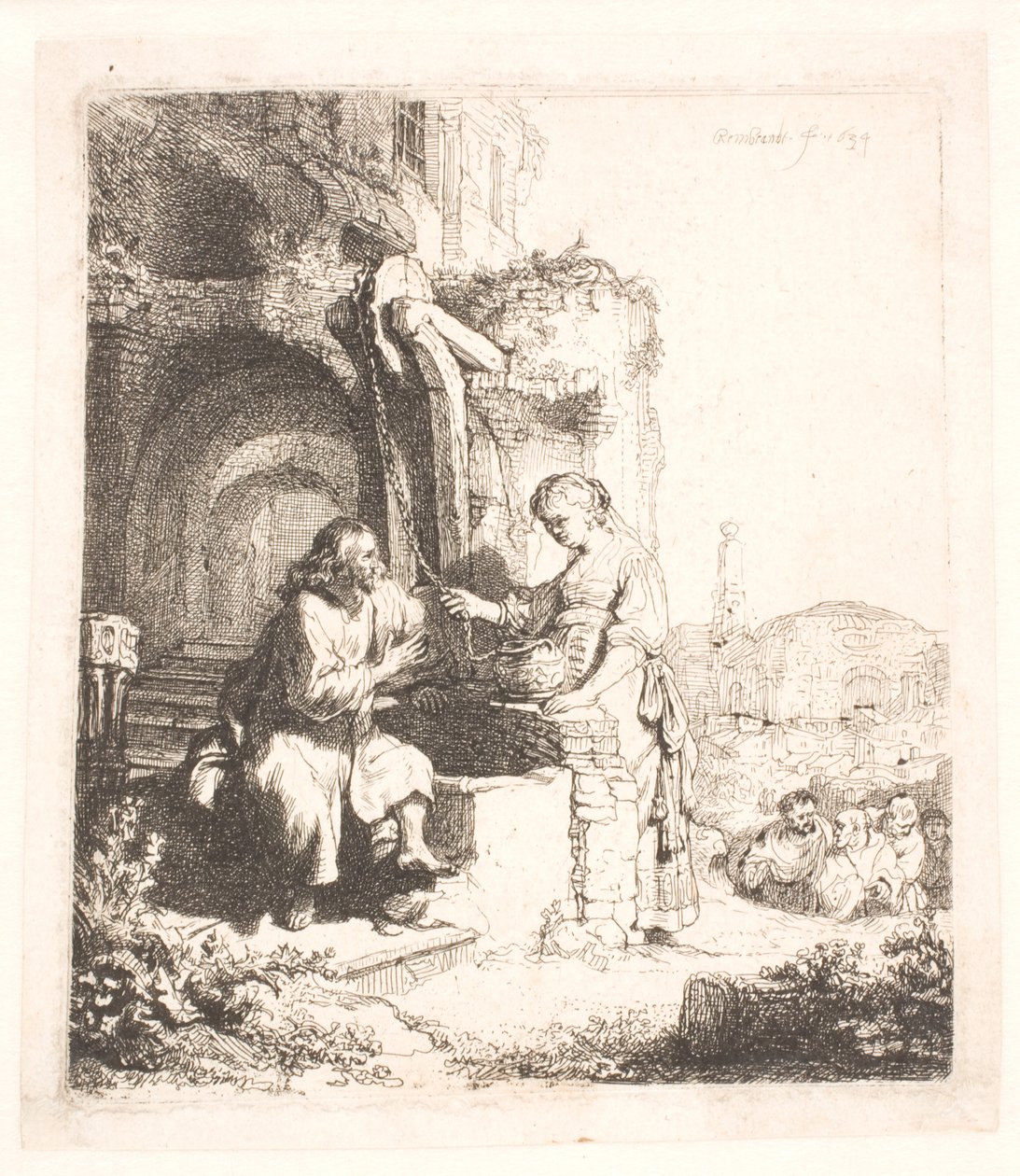 Christus en de vrouw van Samaria: tussen ruïnes door Rembrandt van Rijn