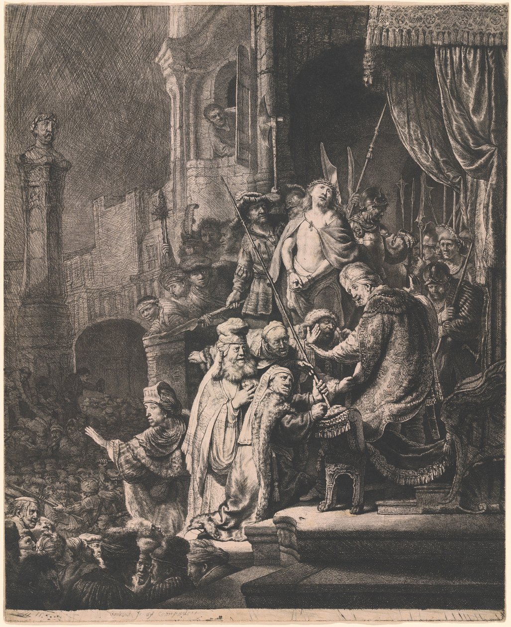 Christus voor Pilatus: grote prent door Rembrandt van Rijn