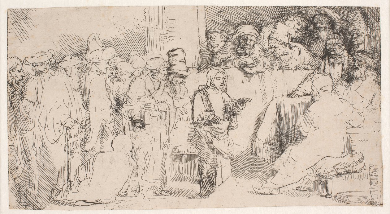 Christus in discussie met de schriftgeleerden: een schets door Rembrandt van Rijn