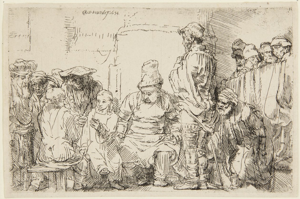 Christus, zittend in discussie met de schriftgeleerden door Rembrandt van Rijn