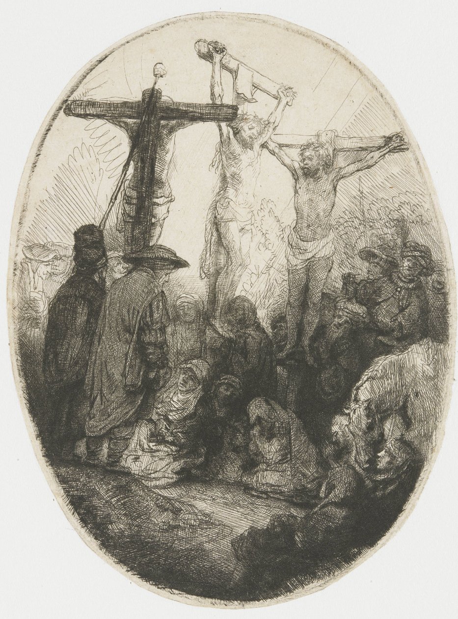 Christus gekruisigd tussen de twee moordenaars door Rembrandt van Rijn