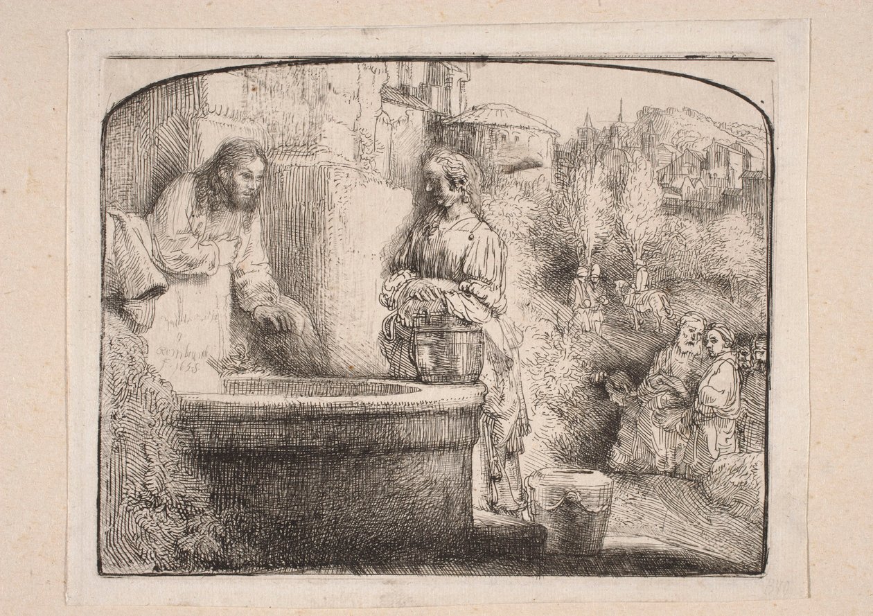 Christus en de Samaritaanse vrouw (compositie die bovenaan door een boog wordt afgesloten) door Rembrandt van Rijn