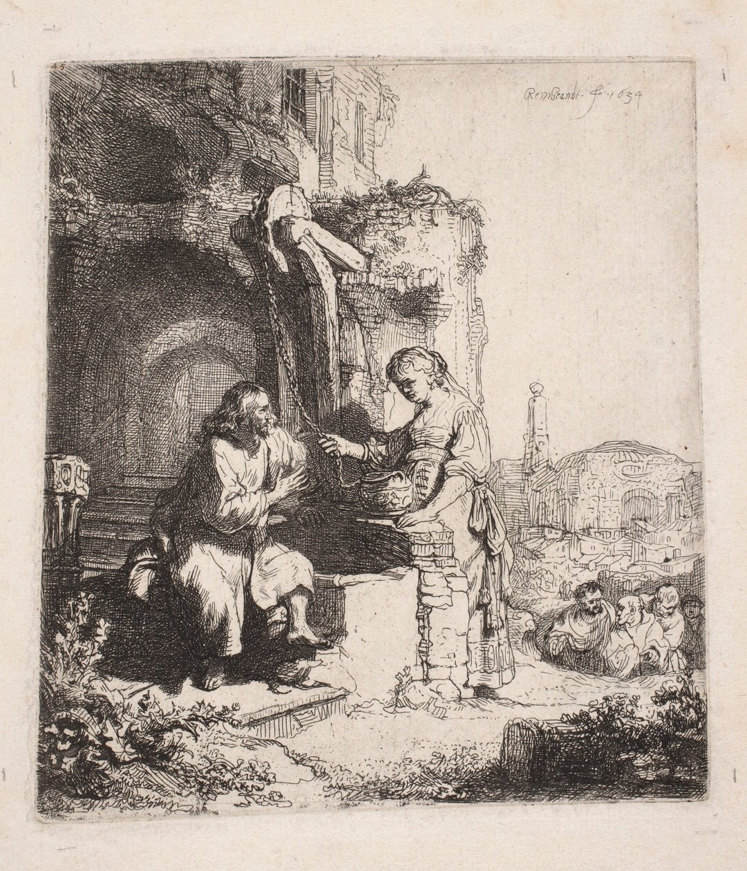 Christus en de Samaritaanse vrouw te midden van de ruïnes (verticale prent) door Rembrandt van Rijn