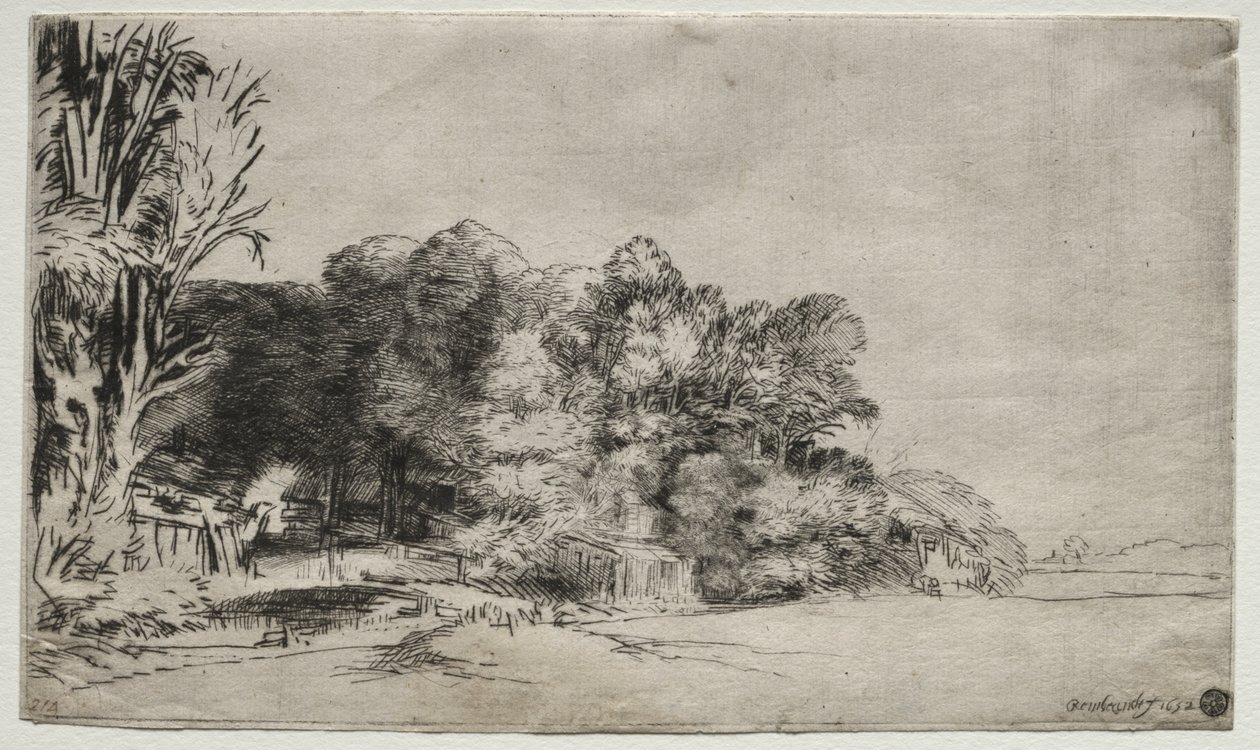 Boomgroep met uitzicht door Rembrandt van Rijn