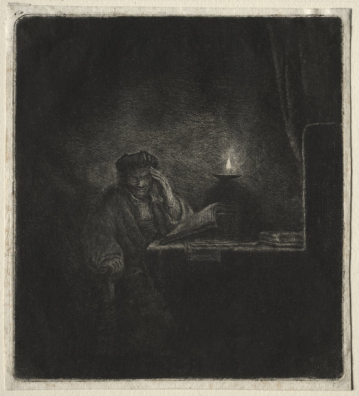 Kopie van Student aan een tafel bij kaarslicht door Rembrandt van Rijn