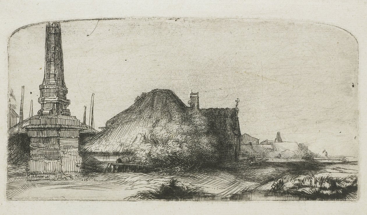 Huisje en grenspaal op de Spaarndammerdijk door Rembrandt van Rijn