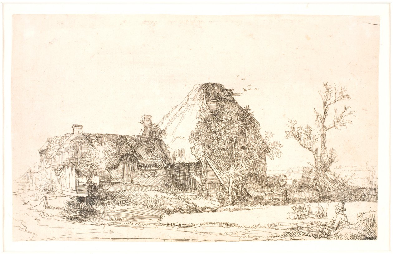 Cottage en boerderijgebouwen met een man die schetst door Rembrandt van Rijn