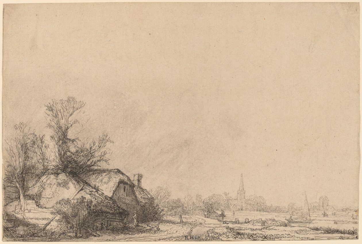 Huisje naast een kanaal door Rembrandt van Rijn