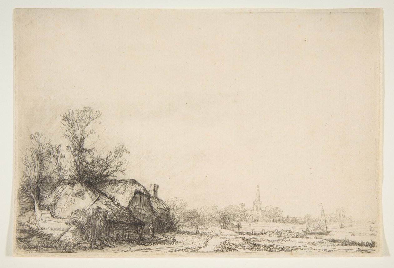Huisje naast een kanaal met uitzicht op Ouderkerk, ca. 1641 door Rembrandt van Rijn