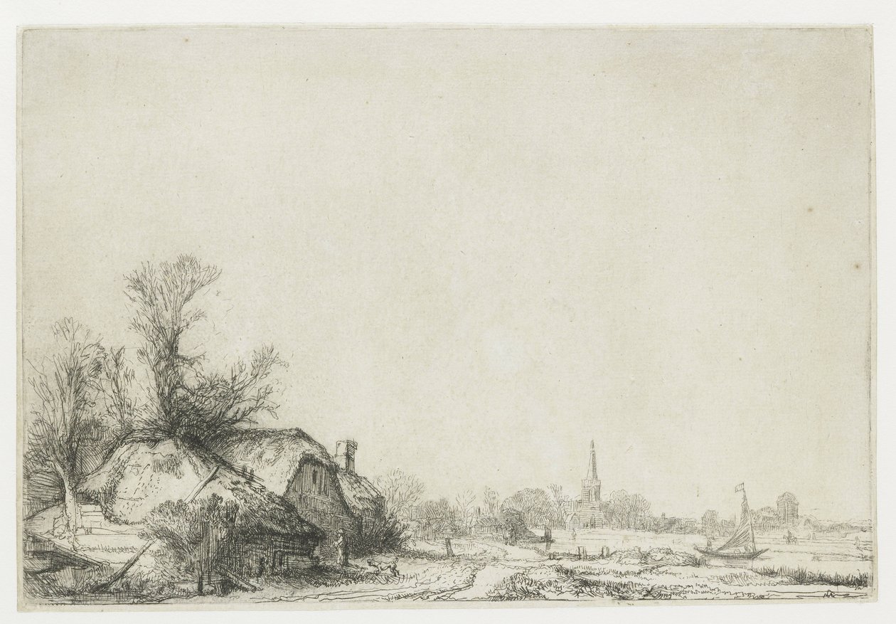 Cottage naast een kanaal met uitzicht op Ouderkerk door Rembrandt van Rijn