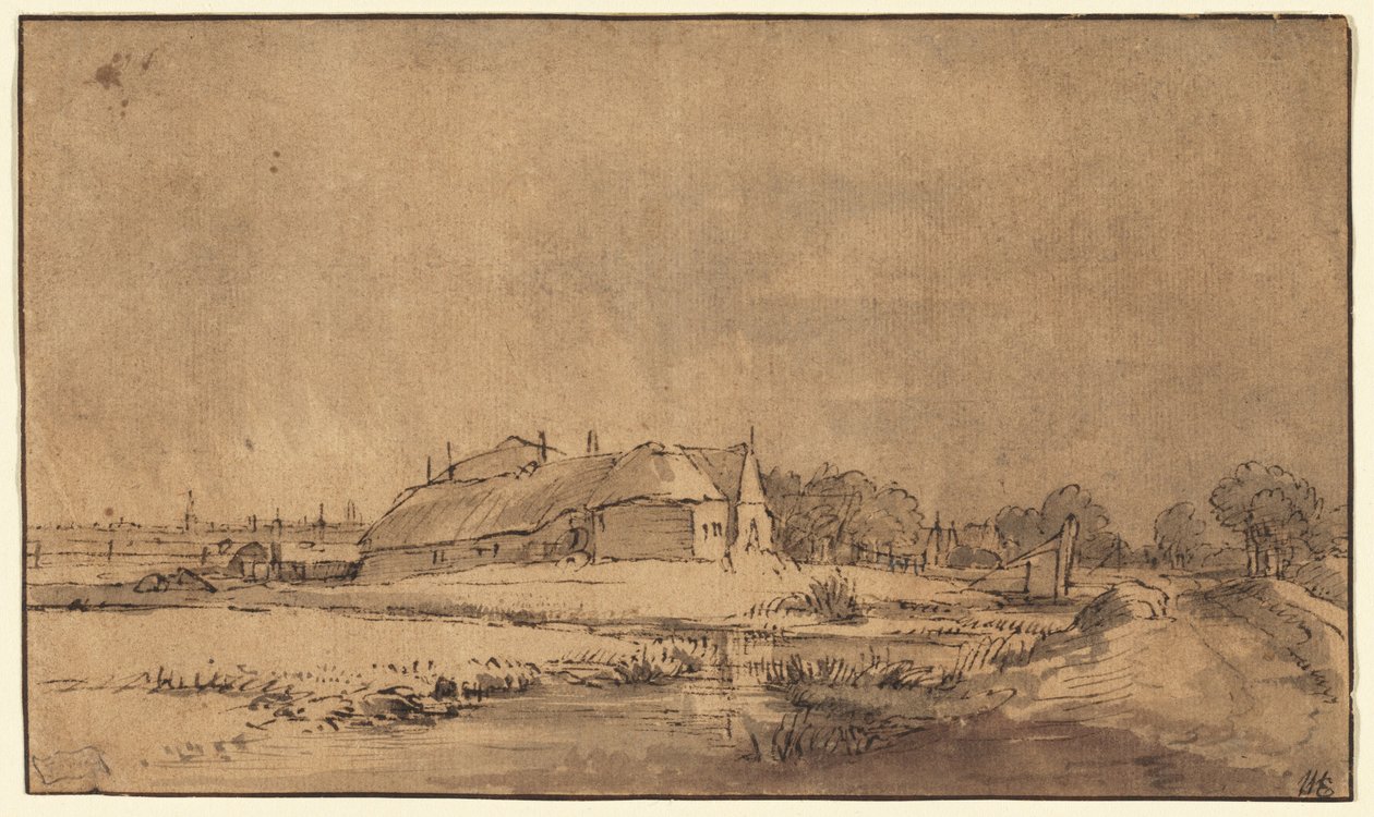 Huisjes en schuur naast een weg door Rembrandt van Rijn