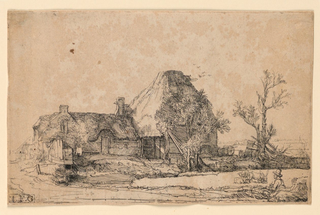 Huisjes en Boerderij met een Man die Schetst door Rembrandt van Rijn