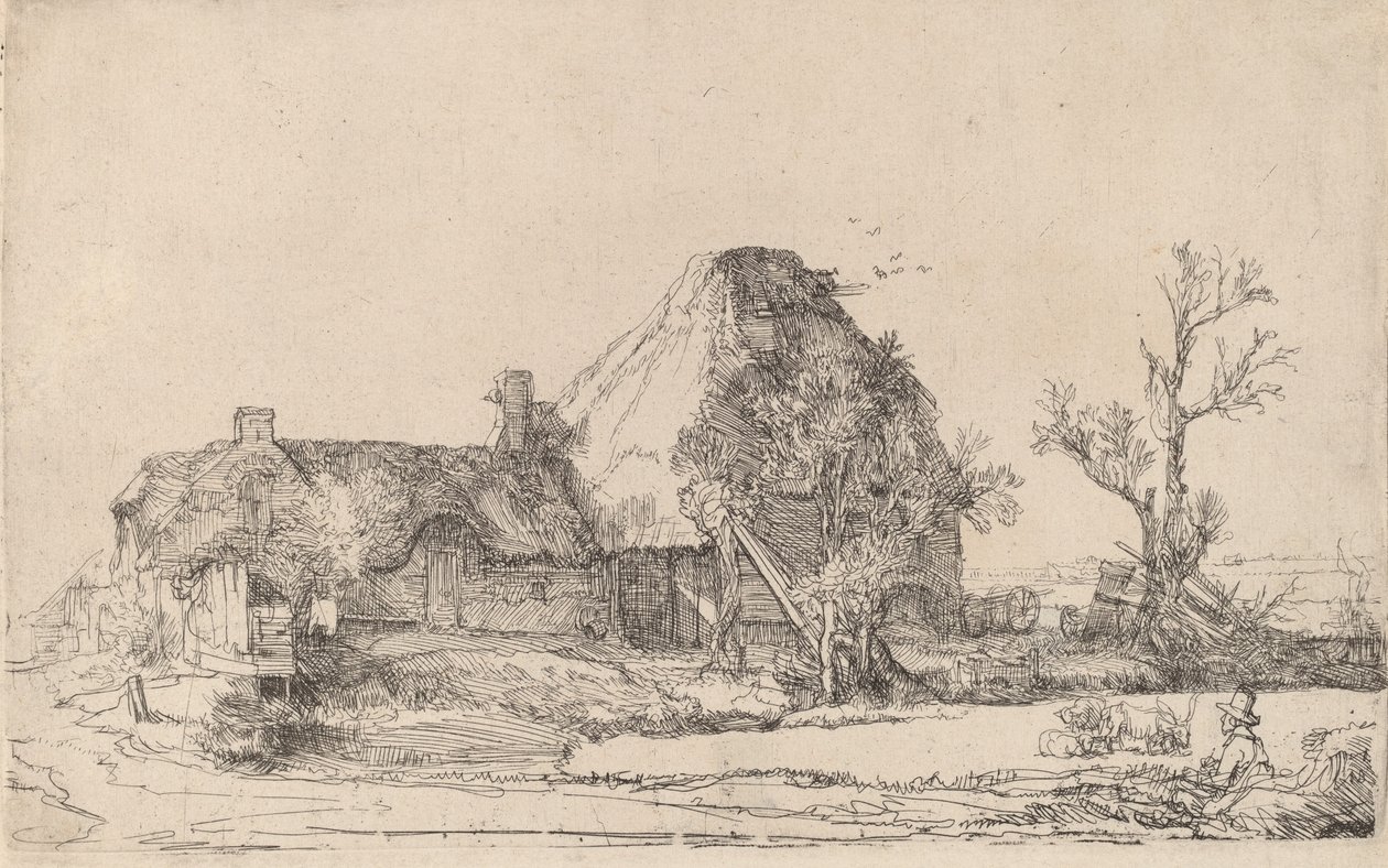 Huisjes en boerderijgebouwen met een man die schetst, ca. 1645 door Rembrandt van Rijn
