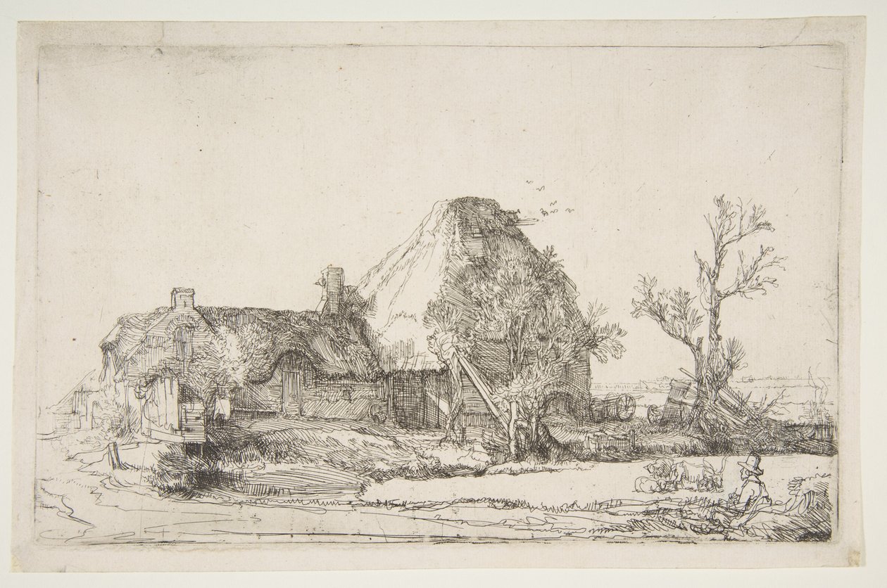 Huisjes en Boerderijgebouwen met een Man die Schetst, circa 1645 door Rembrandt van Rijn
