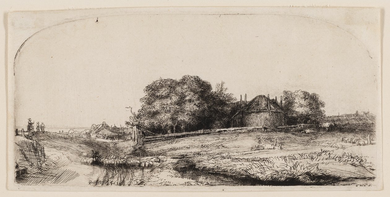 Huisjes en een hooischuur op de Diemerdijk met een kudde schapen door Rembrandt van Rijn
