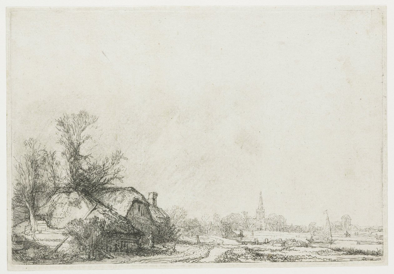 Vakantiehuisjes aan een kanaal: Uitzicht op Ouderkerk aan de Amstel door Rembrandt van Rijn