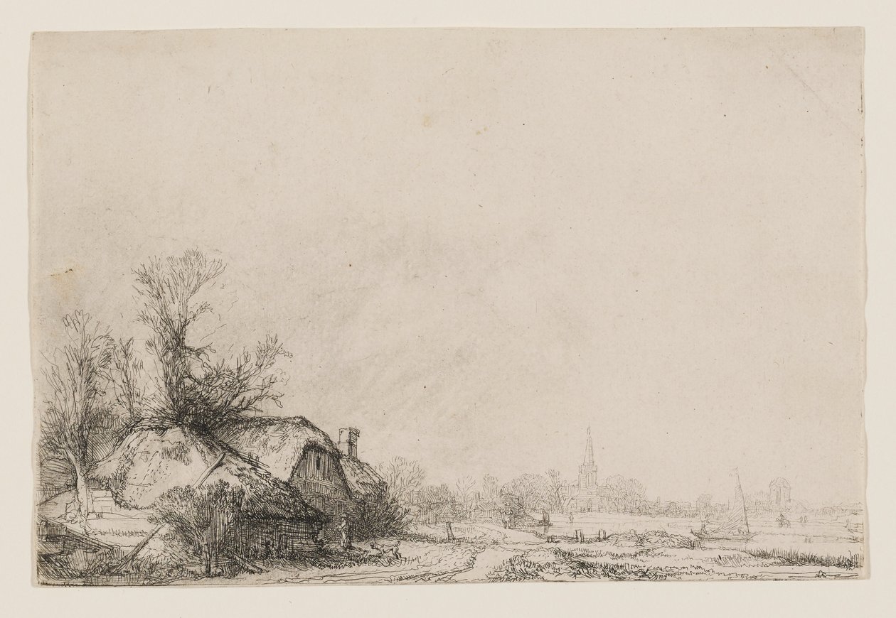 Vakantiehuisjes aan een kanaal met een kerk en een zeilboot door Rembrandt van Rijn