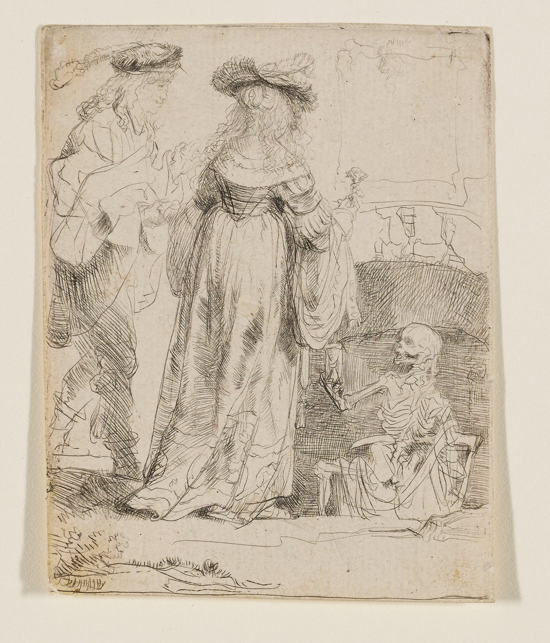De Dood verschijnt aan een getrouwd stel vanuit een open graf door Rembrandt van Rijn