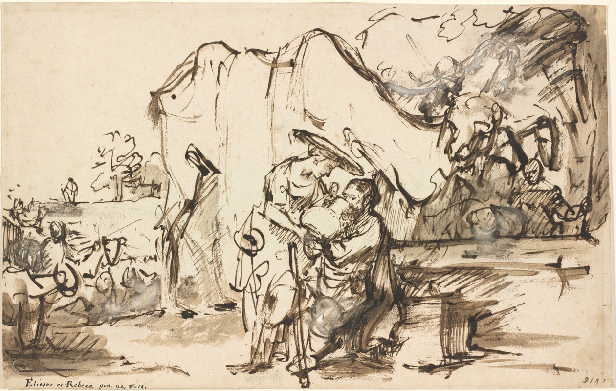 Eliezer en Rebecca bij de bron door Rembrandt van Rijn