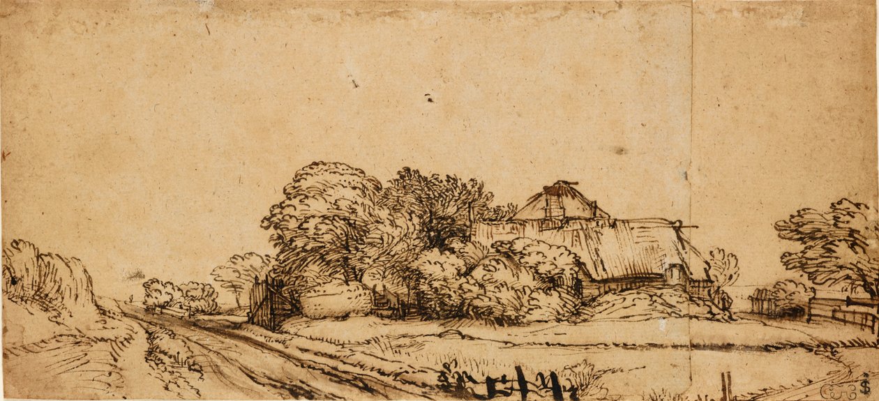 Boerderijgebouwen naast een Weg door Rembrandt van Rijn