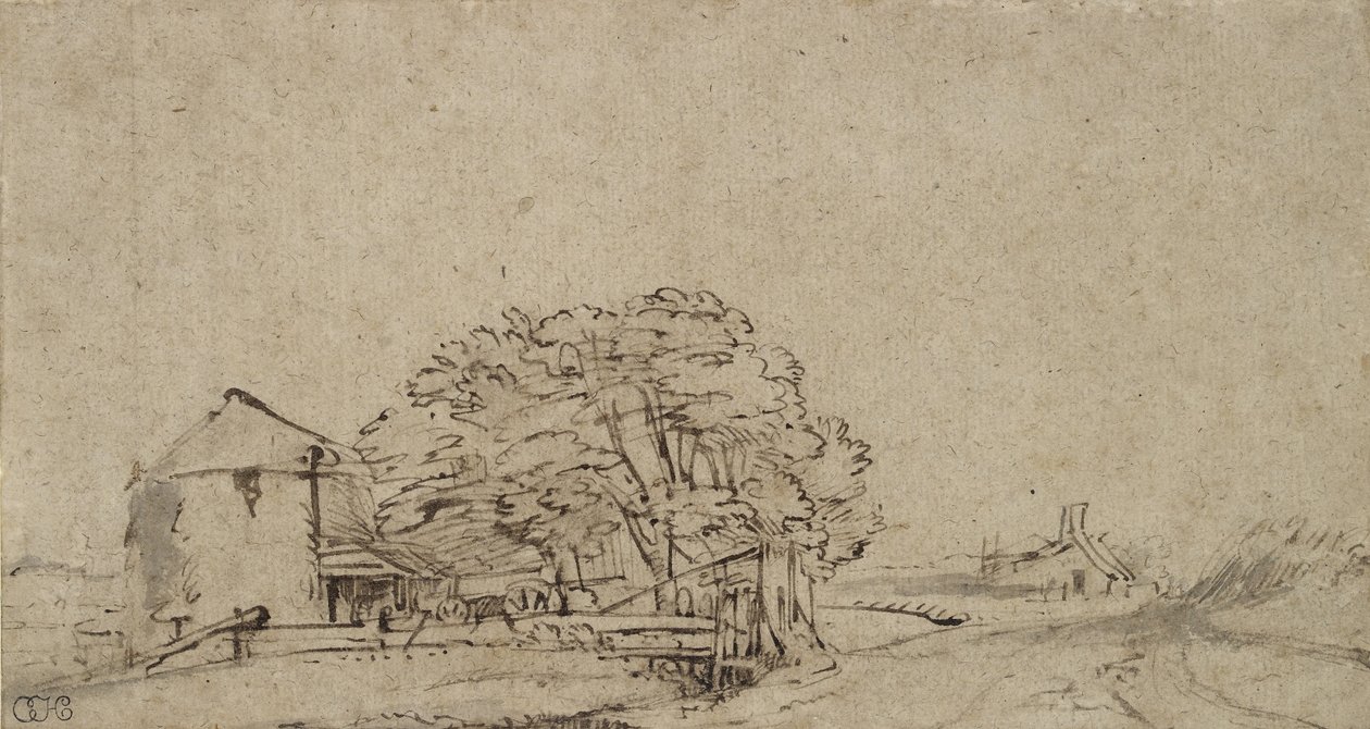 Boerderijgebouw naast een Weg met Verafgelegen Boerderij door Rembrandt van Rijn