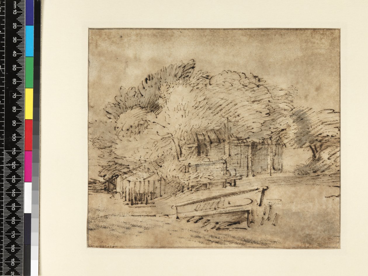 Boerderij onder bomen, met een voetbrug door Rembrandt van Rijn
