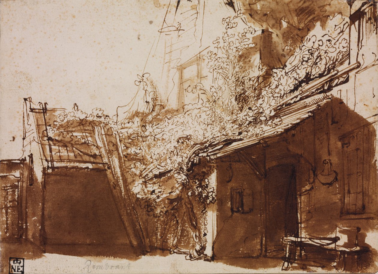 Boerderij in licht en schaduw door Rembrandt van Rijn