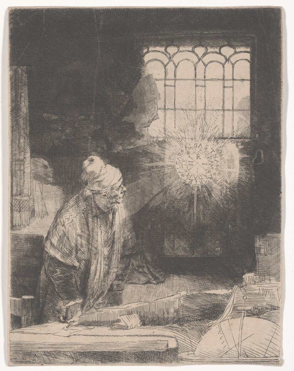 Faust in zijn studeerkamer die een magische schijf bekijkt, of Een geleerde in zijn studeerkamer, ca. 1652 door Rembrandt van Rijn