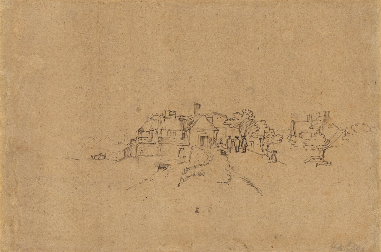 Figuren op de Anthoniesdijk die Houtewael binnenkomen [verso] door Rembrandt van Rijn