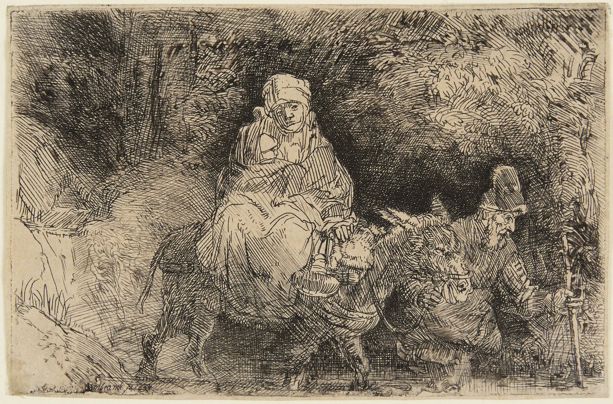 Vlucht naar Egypte: de Heilige Familie steekt een beekje over door Rembrandt van Rijn