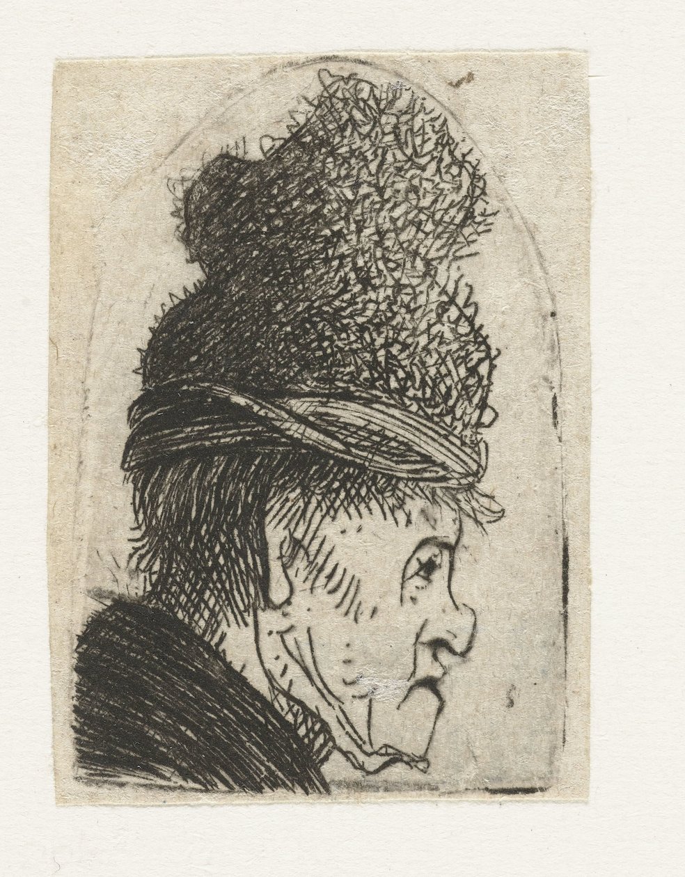 Grotesk profiel: man met een hoge pet door Rembrandt van Rijn
