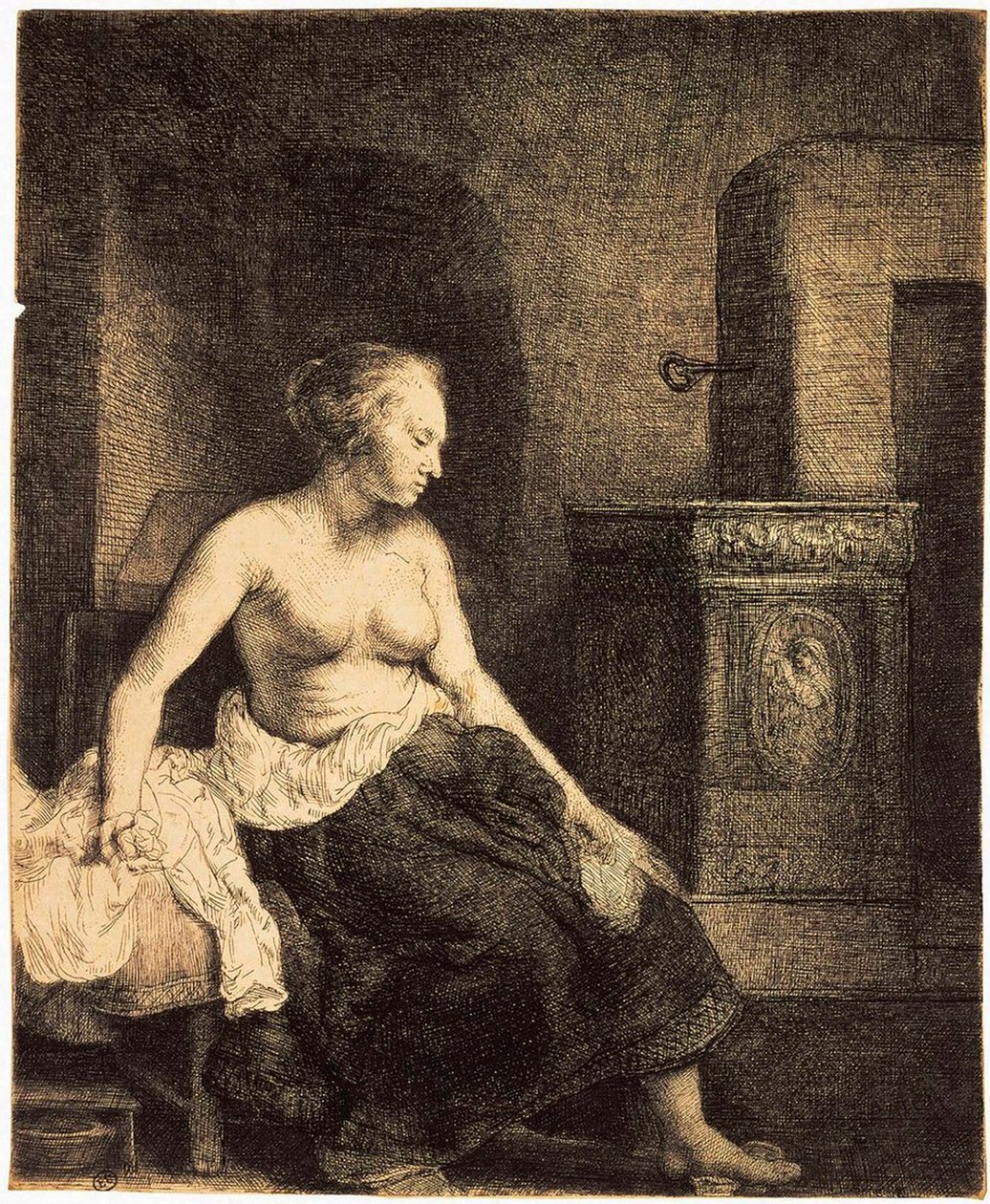 Halfnaakte vrouw bij een kachel, 1658 door Rembrandt van Rijn