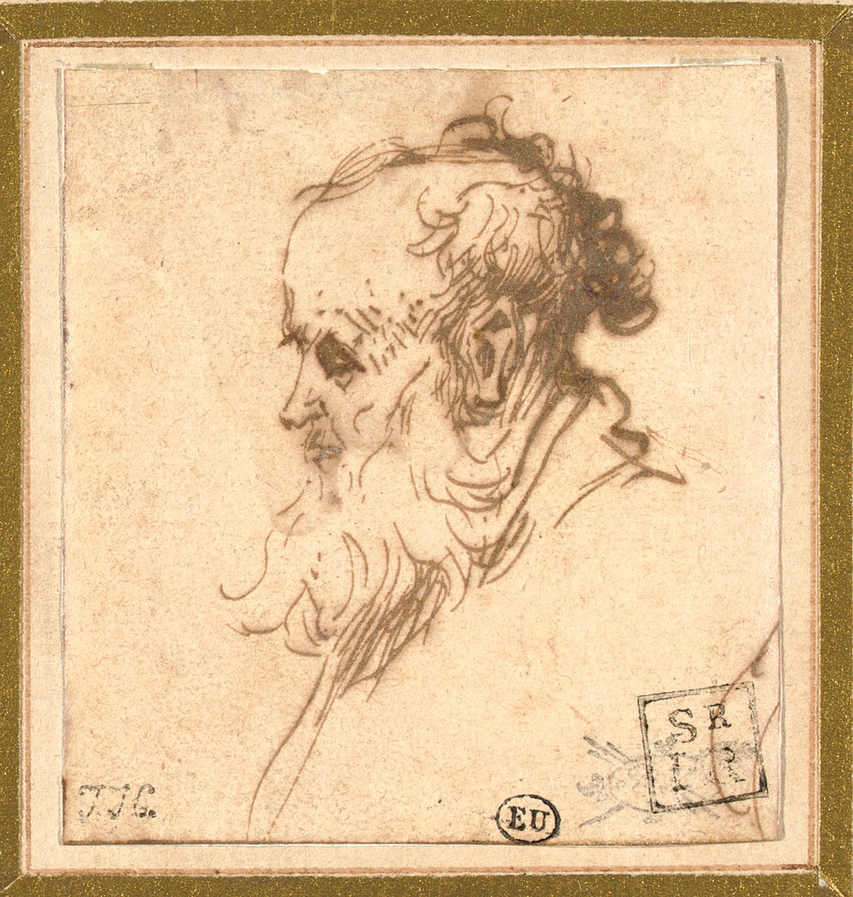 Hoofd van een bebaarde man in profiel naar links door Rembrandt van Rijn
