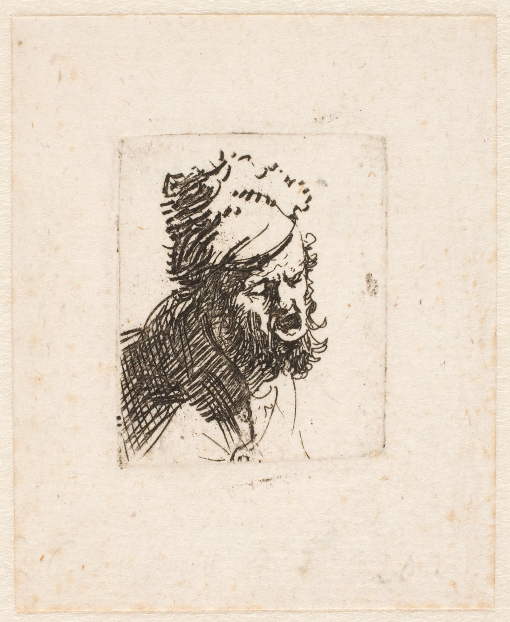 Hoofd van een man met een bontmuts, die het uitschreeuwt door Rembrandt van Rijn