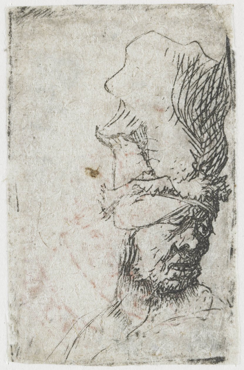 Hoofd van een man met een hoge pet door Rembrandt van Rijn