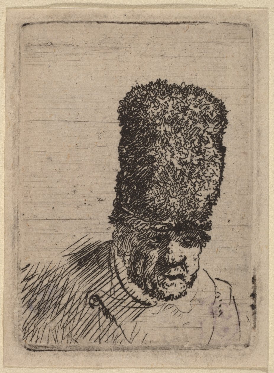 Hoofd van een oude man met een hoge bontmuts door Rembrandt van Rijn