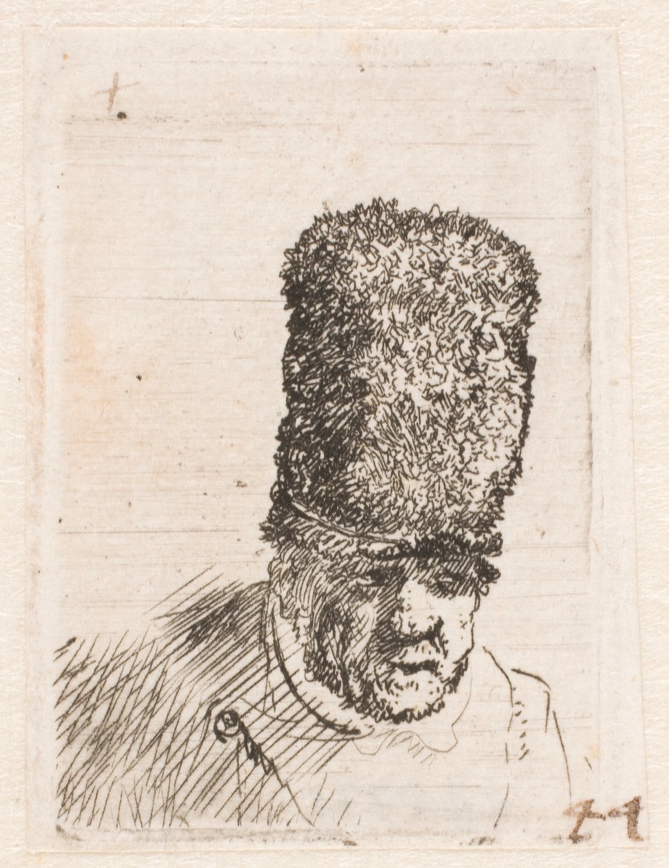 Hoofd van een oude man met een hoge bontmuts door Rembrandt van Rijn